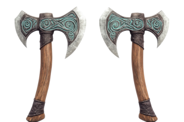 Ornate medieval battle axes with wooden handles isolated on transparent background. Axes or hatchet isolated on white background.