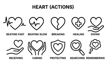 Set of heart icons with emotional actions in black outline style