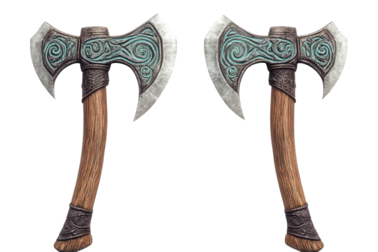 Ornate medieval battle axes with wooden handles isolated on transparent background. Axes or hatchet isolated on white background.