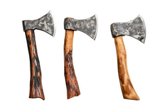 Ornate medieval battle axes with wooden handles isolated on transparent background. Axes or hatchet isolated on white background.