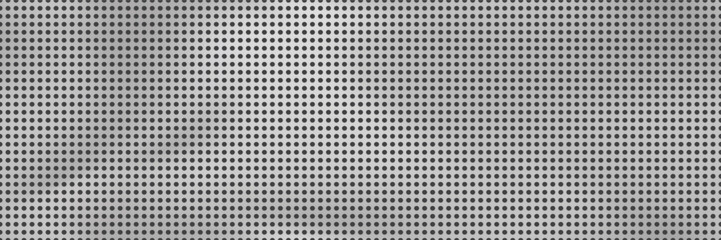 Silver perforated with round regular holes speaker mesh seamless bg on black backdrop. Tin metal radiator background. Car air circulation protection. Vector illustration