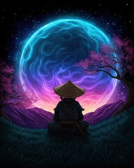 Serene Figure Meditates Under Vibrant Celestial Landscape