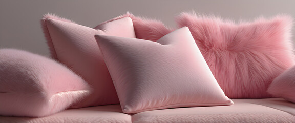 Pink toned sofa with soft cushions. Fluffy long fur pillows on pastel couch. Cozy light pink interior with textured cushions. Soft textured pillows resting on pink sofa.