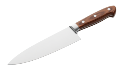 Kitchen knife sits angled with a shiny, silver blade and wooden handle against background.