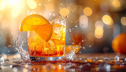 Glass of alcoholic drink with orange tropical water splash, floating water droplets, exotic beverage