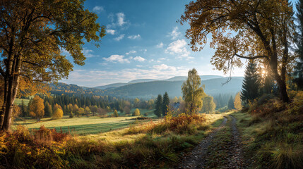 panoramic view of an autumn landscape with trees and a green field, sun rays filtering through the leaves, a blue sky, and a forest path in the foreground - a beautiful natural scenery.