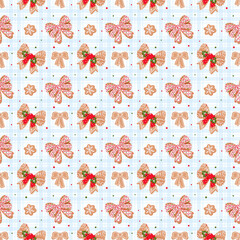 Obraz premium Gingerbread Cookie Bow Christmas Seamless Pattern with Holly and Festive Decorations