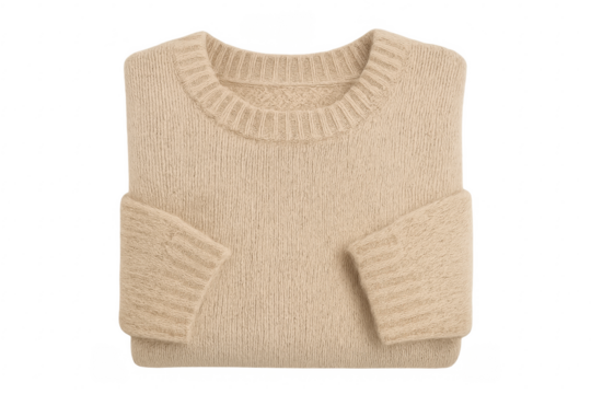 Beige wool knitted sweater folded on transparent background