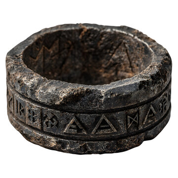 Ancient stone ring with runic inscriptions isolated on transparent background