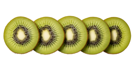 Kiwi slices sit horizontally showing the fruit's inner textures and circular patterns.