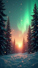 Magical forest with christmas trees and glowing lights.