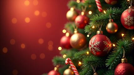Christmas Tree With Ornament And Bokeh Lights In Red Background.