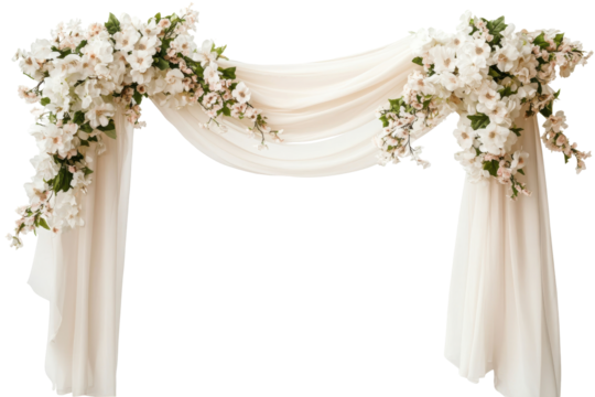 Elegant wedding arch with white flowers and draping fabric isolated on transparent background. Draped wedding arch with spring flowers isolated on white background.