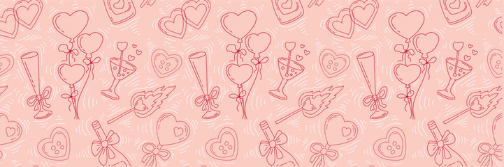 Festive seamless pattern with pink elements in a coquette aesthetic for Valentine's Day and girls bachelor party. Holiday background in doodle style for wedding, gift wrap, diary and scrapbook.