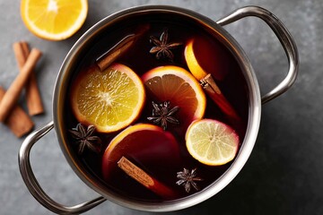 Overhead view of a pot simmering with fragrant mulled wine
