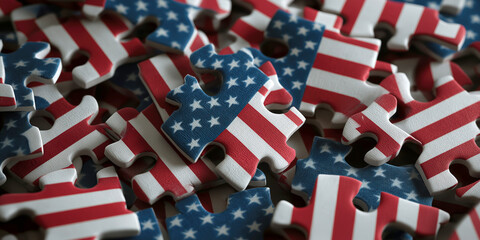 Assembling american pride puzzle pieces featuring us flags indoor setting