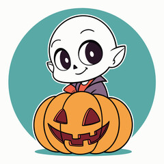 Cute cartoon skeleton character is behind an orange smiling pumpkin on teal background