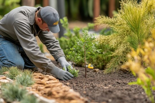 Man planting young sapling in garden bed surrounded by decorative plants - Powered by Adobe