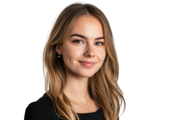 Young woman with long blonde hair smiling isolated on transparent background.