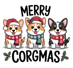 A cute cartoon illustration of three corgi dogs
wearing Christmas-themed outfits. The text 