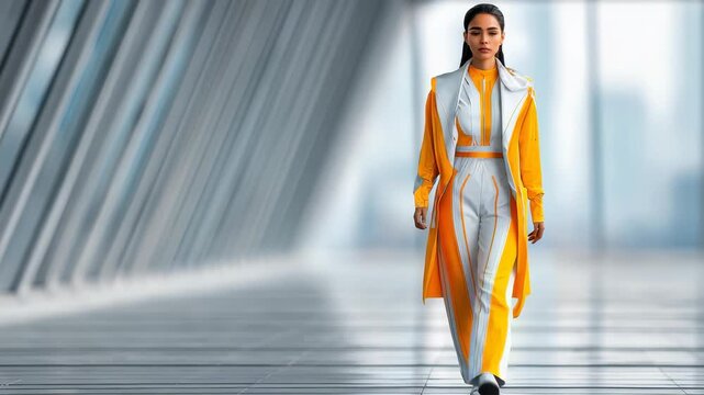 Confident woman in stylish yellow and white modern outfit walking through a futuristic glass corridor. Urban fashion and contemporary architecture blend seamlessly in this dynamic scene