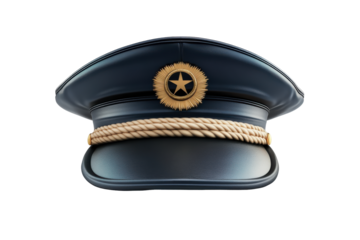 Navy blue peaked cap with gold trim and emblem isolated on transparent background. Captain hat isolated on white background.