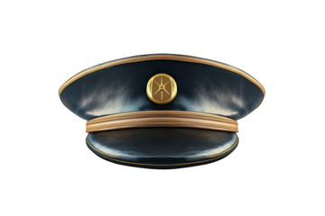 Navy blue peaked cap with gold trim and emblem isolated on transparent background. Captain hat isolated on white background.