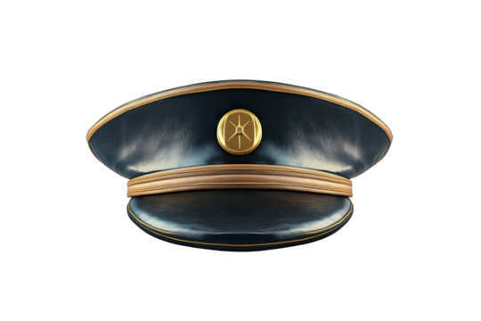 Navy blue peaked cap with gold trim and emblem isolated on transparent background. Captain hat isolated on white background.