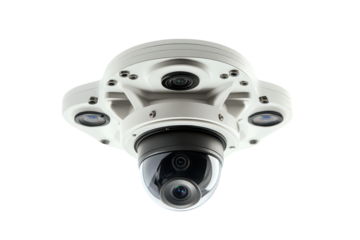 Modern white surveillance dome camera with multiple lenses isolated on transparent background. CCTV cameras mounted on a white surface isolated on white background.