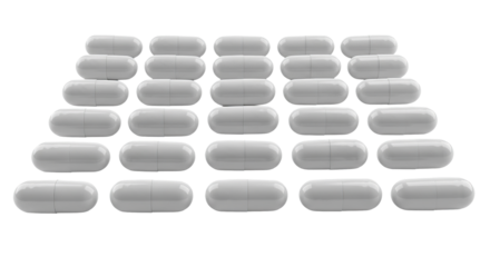 Many capsules are arranged in rows on the isolated background, showing the pharmaceutical product.