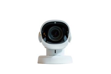White security camera with pan tilt zoom isolated on transparent background. CCTV cameras mounted on a white surface isolated on white background.