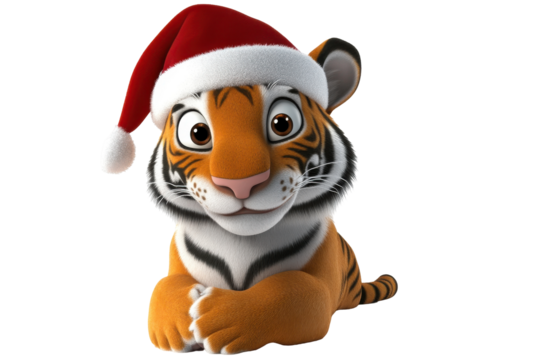 Cute baby tiger wearing a santa hat isolated on transparent background. Cartoon tiger wearing a festive santa hat on a bright isolated on white background.