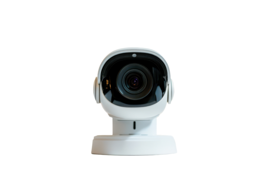 White security camera with pan tilt zoom isolated on transparent background. CCTV cameras mounted on a white surface isolated on white background.