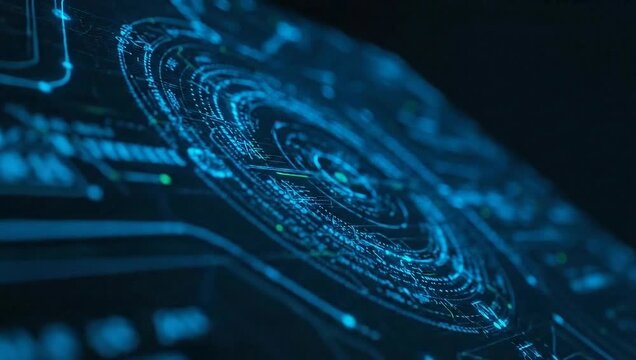 An abstract image showcasing a detailed digital interface, rendered in shades of cool blue and white