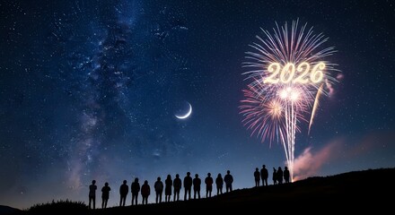 Silhouettes of a crowd on a hill celebrating the new year 2026 with fireworks under a starry sky.