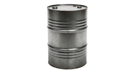 Metal barrel stands upright displaying bands with visible rivets against a isolated background.