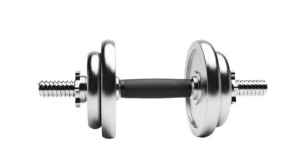Metal dumbbell sits centered against a isolated background, showcasing its shiny, detailed design.