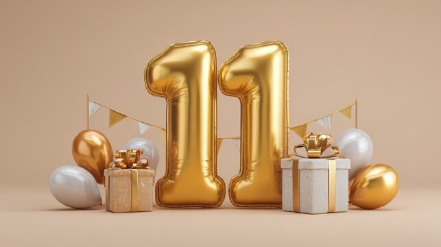 Joyful 11th Birthday Bash with Balloons, Bunting, and Gift Boxes â€“ Celebration in Gold Hues