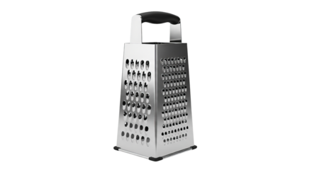 Metallic box grater sits upright with handle, showing four grating surfaces. - high quality Metallic box grater sits upright with handle, showing four