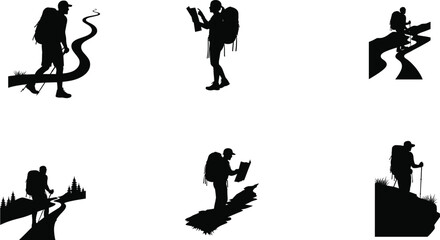 Hiking silhouettes, outdoor trekking, backpack travelers, mountain exploration, nature navigation, camping journey, wilderness adventure, active lifestyle, scenic trails, hikers illustration