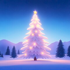 Glowing Christmas tree in winter landscape – festive Christmas tree glowing with warm lights under starry sky, magical holiday illustration showing Christmas tree in peaceful snowy mountain scene