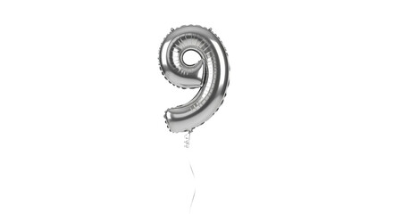 Metallic silver number nine balloon floats centered in front of solid background with attached string.