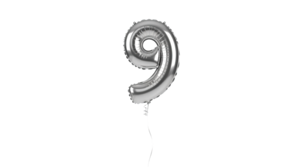 Metallic silver number nine balloon floats centered in front of solid background with attached string.