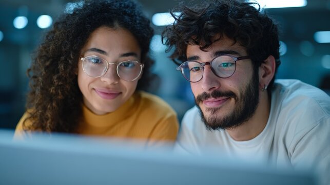 Two young software developers are working late at night in the office, focused on a computer screen, collaborating on innovative ai solutions