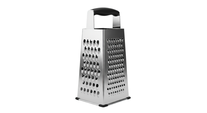 Metallic box grater sits upright with handle, showing four grating surfaces. - high quality Metallic box grater sits upright with handle, showing four