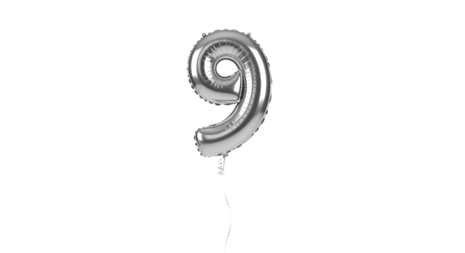 Metallic silver number nine balloon floats centered in front of solid background with attached string.