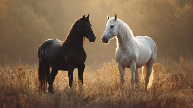 Black and white horses standing together in golden sunlight during dusk