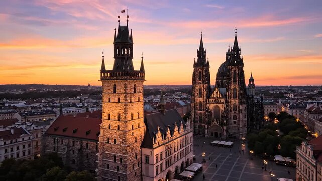 The cathedral stands majestically as the sun sets over the city, casting a glow on the cathedral's towers. The evening sky frames the cathedral, creating a picturesque silhouette.