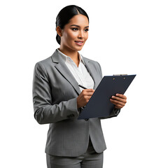 Woman in a gray suit holding a clipboard and pen on a black background looking to the side on transparent background
