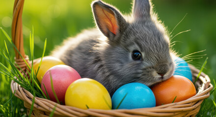 Adorable gray bunny nestled among colorful easter eggs in a wicker basket on fresh green grass during a sunny spring morning